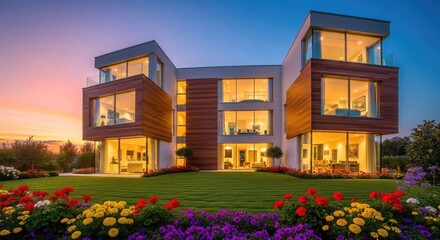 Modern home exterior with flowerbed photorealistic illustration