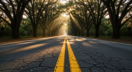 Roadway leading through tree tunnel sunlight photorealistic