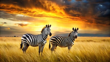 Two zebras stand in a golden savanna field during a vibrant sunset