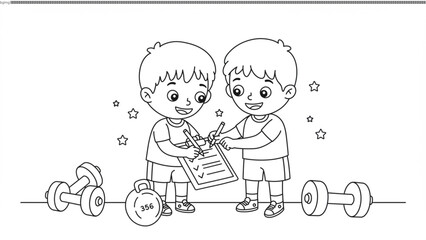 Fitness Checklist Two Boys Ticking Off Goals with Weights in Line Art Illustration