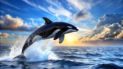Obraz premium An orca whale leaps dramatically from the ocean waves during a vibrant sunset