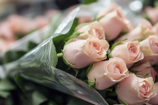 Bouquet of blush pink roses with dew drops - Powered by Adobe