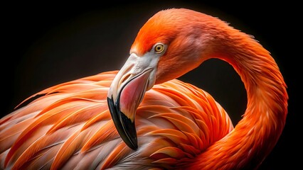 A closeup portrait of a vibrant orange flamingo with its neck gracefully curved