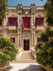 Obraz premium Radiant Courtyard Doorway Framed by Columns and Geraniums – Immersive Hacienda Palace Visual for Sustainable Travel Branding