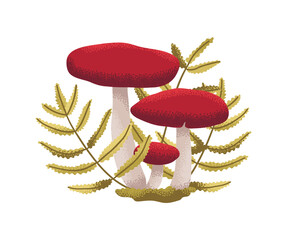Cluster of red mushrooms with golden leaves in a decorative botanical composition. Great for forest or fantasy-themed projects.