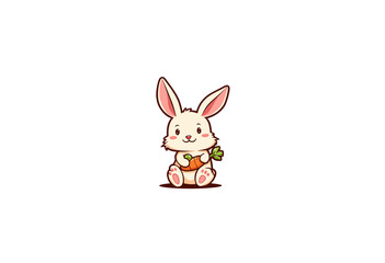 Obraz premium Cartoon rabbit holding carrot and clover on white background 