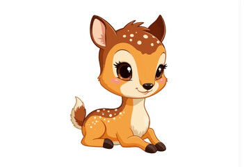 Obraz premium Cute cartoon deer sitting and smiling with big eyes on white background 