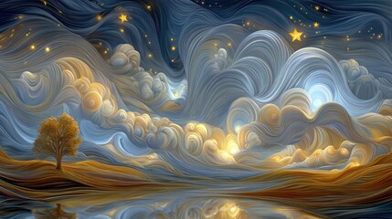 A dreamlike landscape with swirling clouds and stars.
