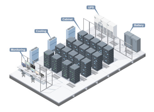 Detailed isometric illustration of a modern data center infrastructure with cloud connection firewall and secure server racks for network management concept