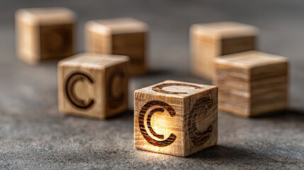 Copyright or patent concept. Author rights and patent intellectual property. Wooden blocks with copyright icon