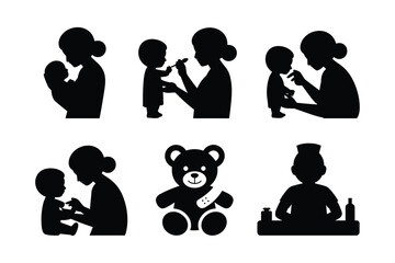Mother holding baby feeding child doctor with teddy bear and medical supplies silhouette