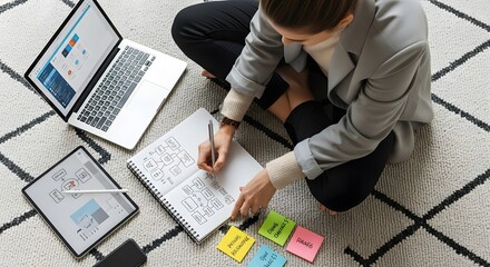 Woman in gray blazer sits cross-legged on rug writing in a notebook with laptop and tablet nearby with colorful sticky notes.