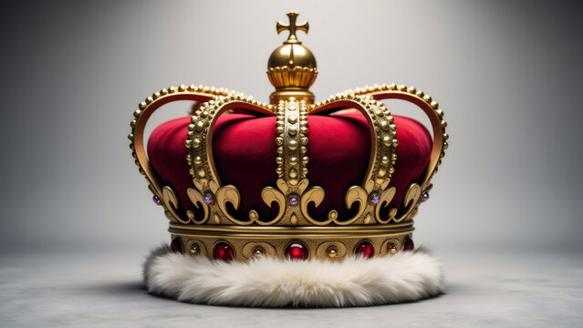 Detailed Red Velvet Crown with Gold and Gems: Symbol of Royalty and Power - Powered by Adobe