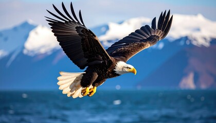 Obraz premium Majestic eagle soaring over a serene body of water