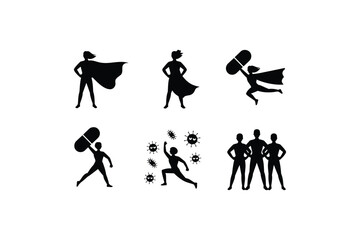Fototapeta premium Superhero figures fighting viruses and holding pills vector