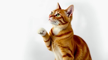 A ginger kitten on a white background looks up, raising its paw.