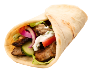 Delicious gyros fast food in flatbread, lettuce, tomatoes, onions, rolled, isolated, generative ai