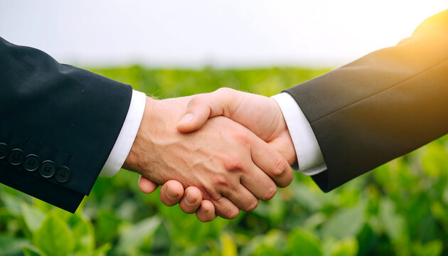 Two diverse businesspeople in suits seal a successful agreement with a handshake before their corporate team, symbolizing partnership and cooperation