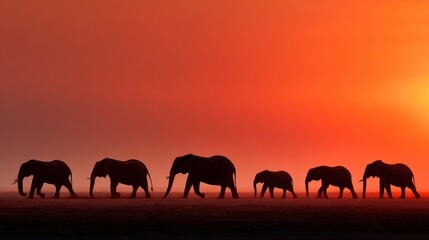 Fototapeta premium Silhouettes of elephants walking at sunset