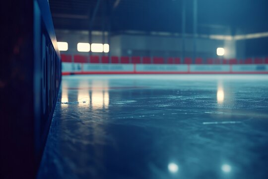 Darkened indoor ice rink with reflections on the ice.