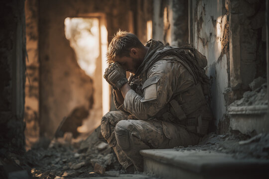 A man in a military uniform is kneeling and praying