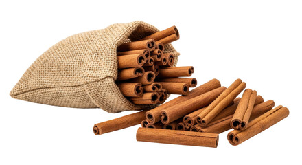 Isolated Cinnamon Sticks Spilling from Burlap Sack