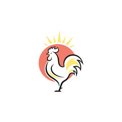 Obraz premium White rooster with yellow tail in front of a red circle with sun rays for brunch cafe logo design