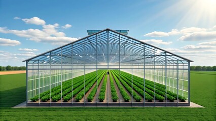 Fototapeta premium Modern greenhouse filled with rows of healthy green plants under a blue sky