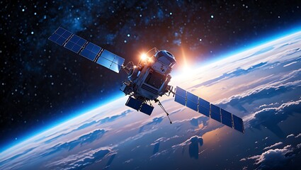 Obraz premium Orbital Spacecraft Navigating Above Planet Earth's Atmosphere At Sunrise