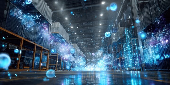 Futuristic warehouse interior with digital overlay