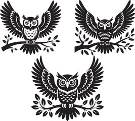 Owl Silhouette Animal Vector Art Black Illustration Bird Branch Nature Design Set