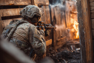 A soldier is shooting a gun in a burning building