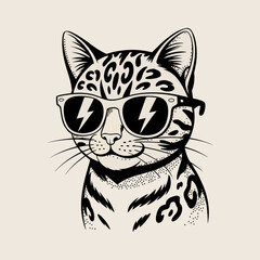 A black and white ink illustration of a stylized cat
wearing sunglasses. The cat's head is composed of intricate leopard print patterns with curved swirls and spots