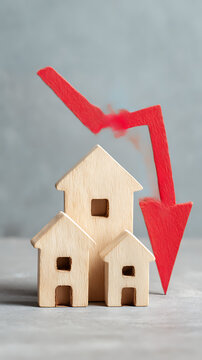 Wooden houses with downward red arrow indicating decline image