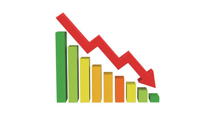 A bar graph with a red arrow pointing downwards illustrates a decline in sales, profits, or the economy, isolated on transparent background