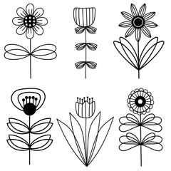 Floral abstract doodle set. Hand drawn flowers in minimalistic design. Simple botanical illustration.