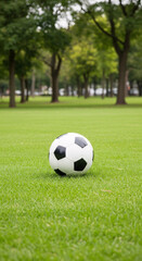 Fototapeta premium A soccer ball sitting on green grass with a backdrop of trees. The ball is centered in the frame and invites the viewer to imagine playing a game