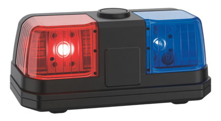 A red and blue police siren light flashes brightly, isolated on transparent background, signaling an emergency and demanding immediate attention