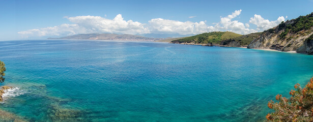 panoramic view of Shpella and Pellumbave beach in Saranda, Albanian riviera