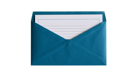 A blue envelope with a blank letter inside, ready to deliver a message or invitation, isolated on transparent background
