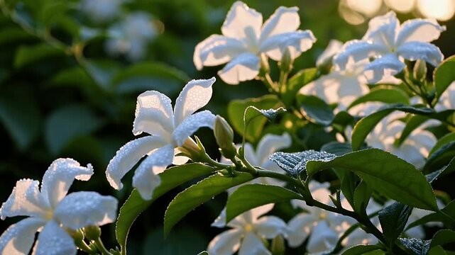 peaceful 4k morning garden view showcasing coral jasmine or Parijat flowers blooming with soft lighting and gentle breeze on lush greenery ideal for wellness spiritual or natural themed content