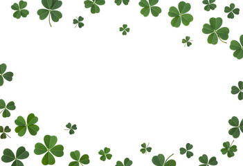 A frame of green shamrocks isolated on transparent background creates a festive st patricks day design with copy space