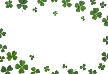 A frame of green shamrocks isolated on transparent background creates a festive st patricks day design with copy space