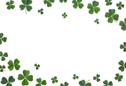 A frame of green shamrocks isolated on transparent background creates a festive st patricks day design with copy space