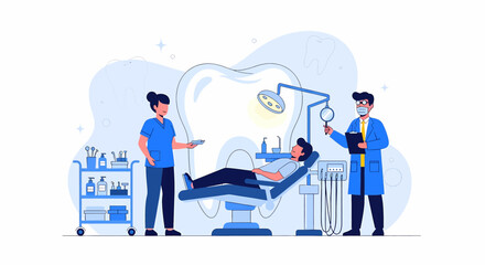 Adobe illustrator vector flat style illustration of a patient in a dentist's chair, attended by a dentist and assistant. Perfect for dental care, oral hygiene, and dentistry concepts