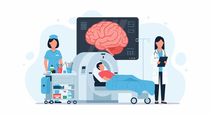Adobe illustrator vector flat style illustration of a patient undergoing a CT scan of the brain, with doctors and nurses monitoring. Ideal for neurology, diagnostics, and medical technology