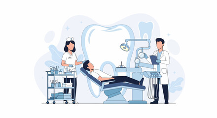Adobe illustrator vector flat style illustration of a patient in a dentist's chair, attended by a dentist and assistant. Perfect for dental care, oral hygiene, and dentistry concepts