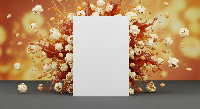 White card mockup with abstract popcorn kernel explosion and caramel splashes