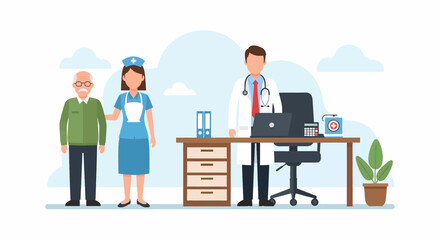 Adobe illustrator vector flat style illustration of a senior patient with a nurse consulting a doctor in a clinic office. Ideal for medical consultation, elderly care, and healthcare concepts