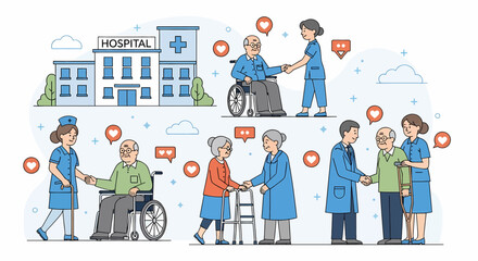 Adobe illustrator vector flat style illustration of elderly patients receiving compassionate care from doctors and nurses at a hospital. Perfect for healthcare, senior support, and medical themes